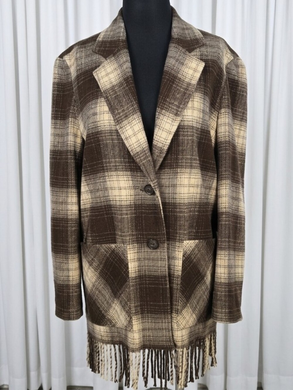 Karen Kane Vintage Wool Blend Brown and Cream Plaid Fringe Blazer